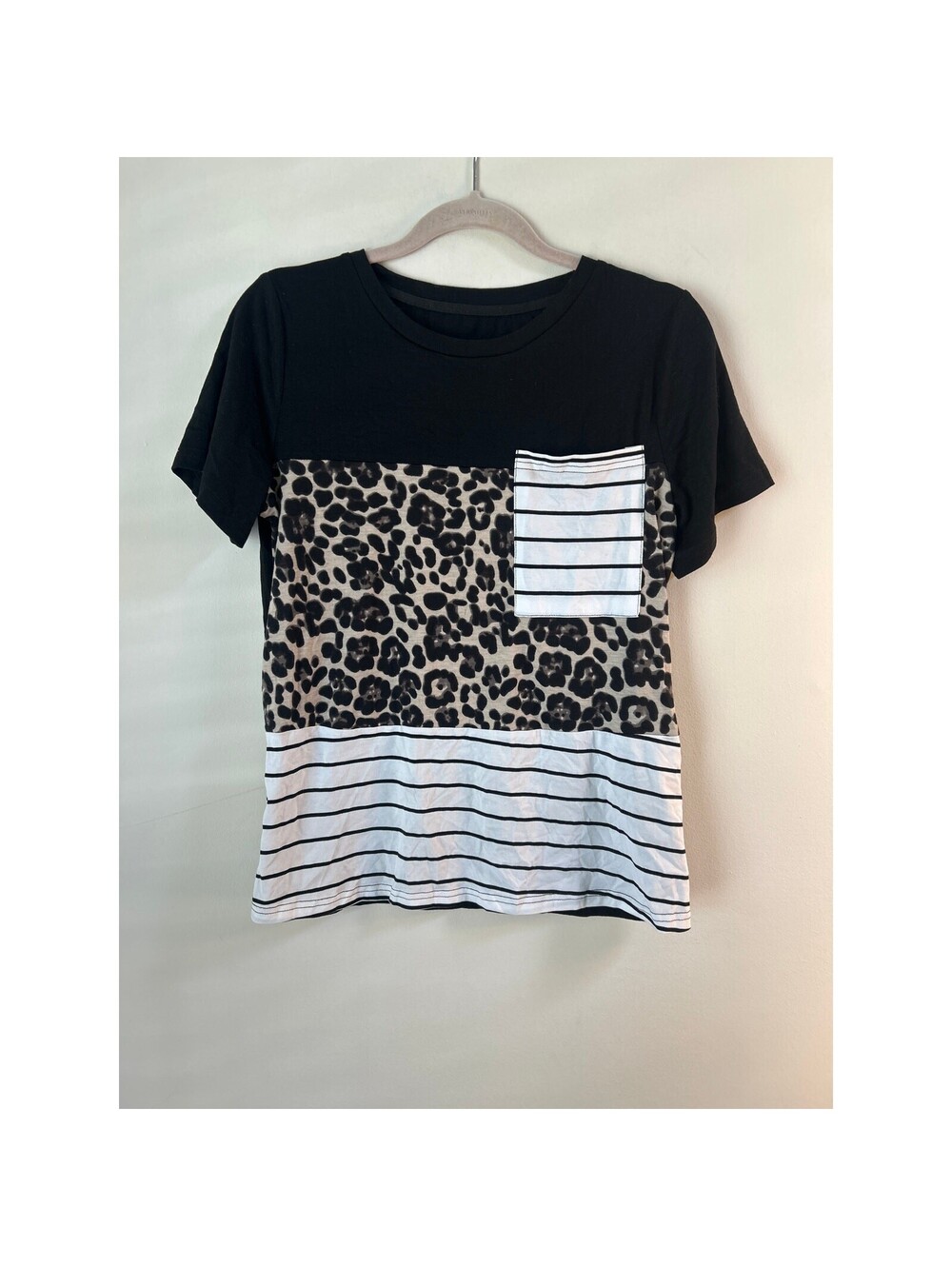Women's S Leopard Print Striped Colorblock Pocket T Shirt Black White Stretch